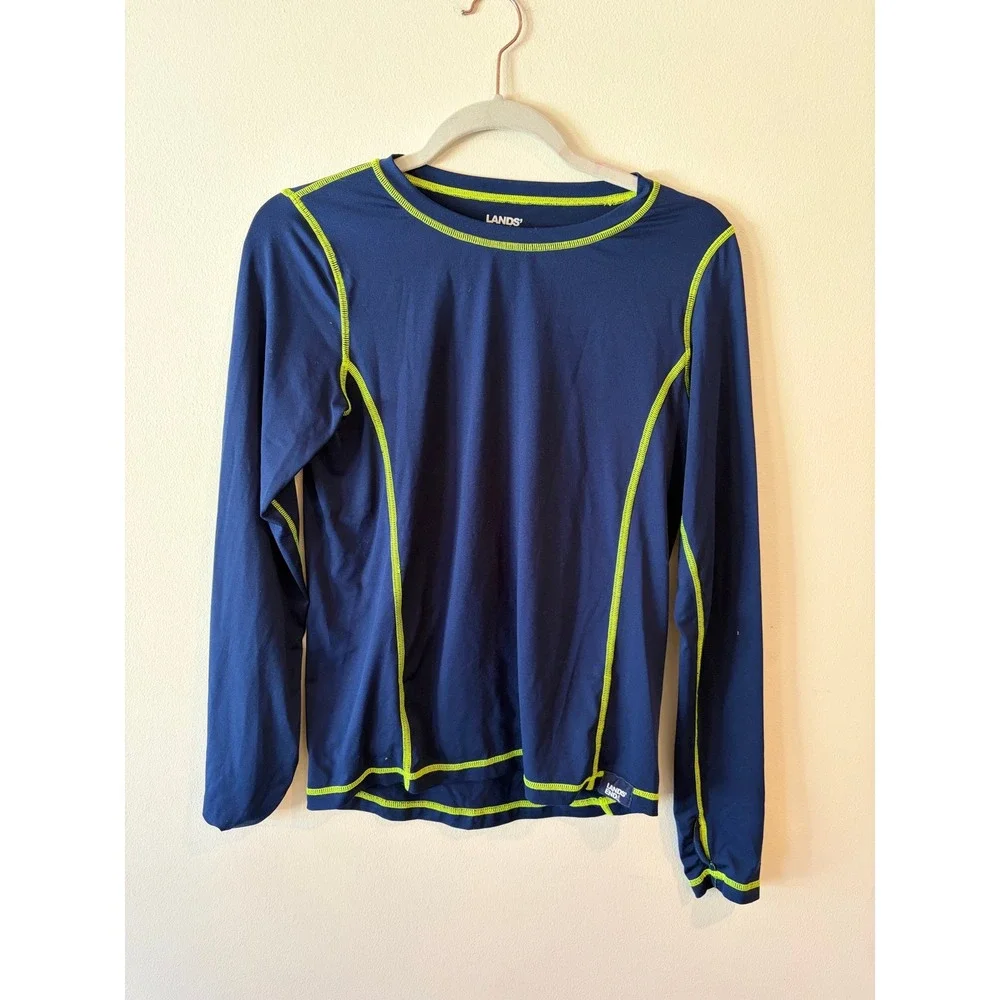 Lands End Kids XL 14-16 Navy Blue Lime Green Rash Guard Long Sleeve Swim Top